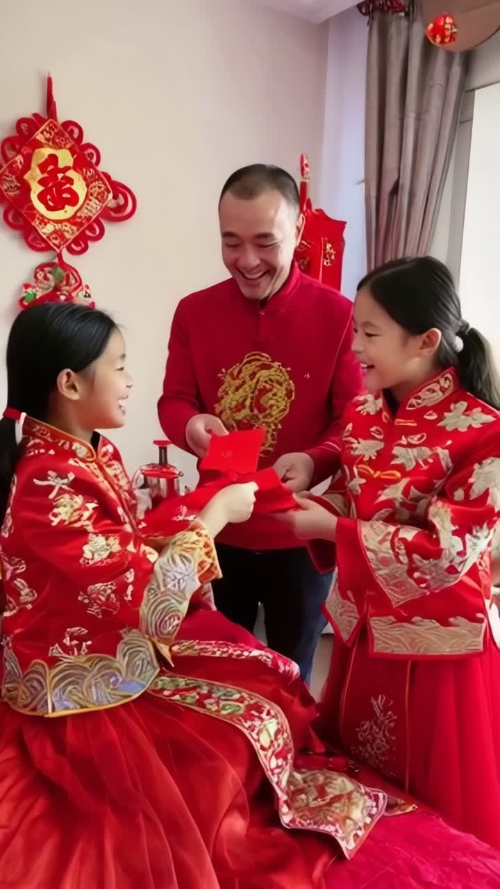 A man is giving a red envelope to two young girls in red clothing