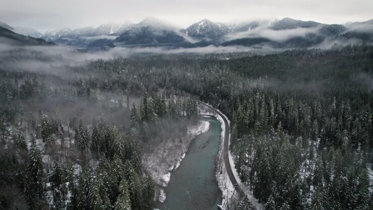 Sfondo naturale aereo di un percorso panoramico invernale nello Stato di Washington