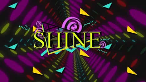 Animation-of-shine-text-over-colorful-shapes-on-black-background
