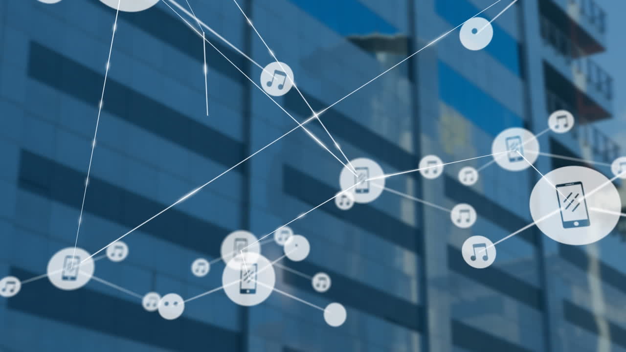 도시 풍경 위의 아이콘으로 연결된 네트워크의 애니메이션