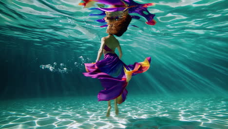 woman dancing gracefully underwater in a flowing colorful dress