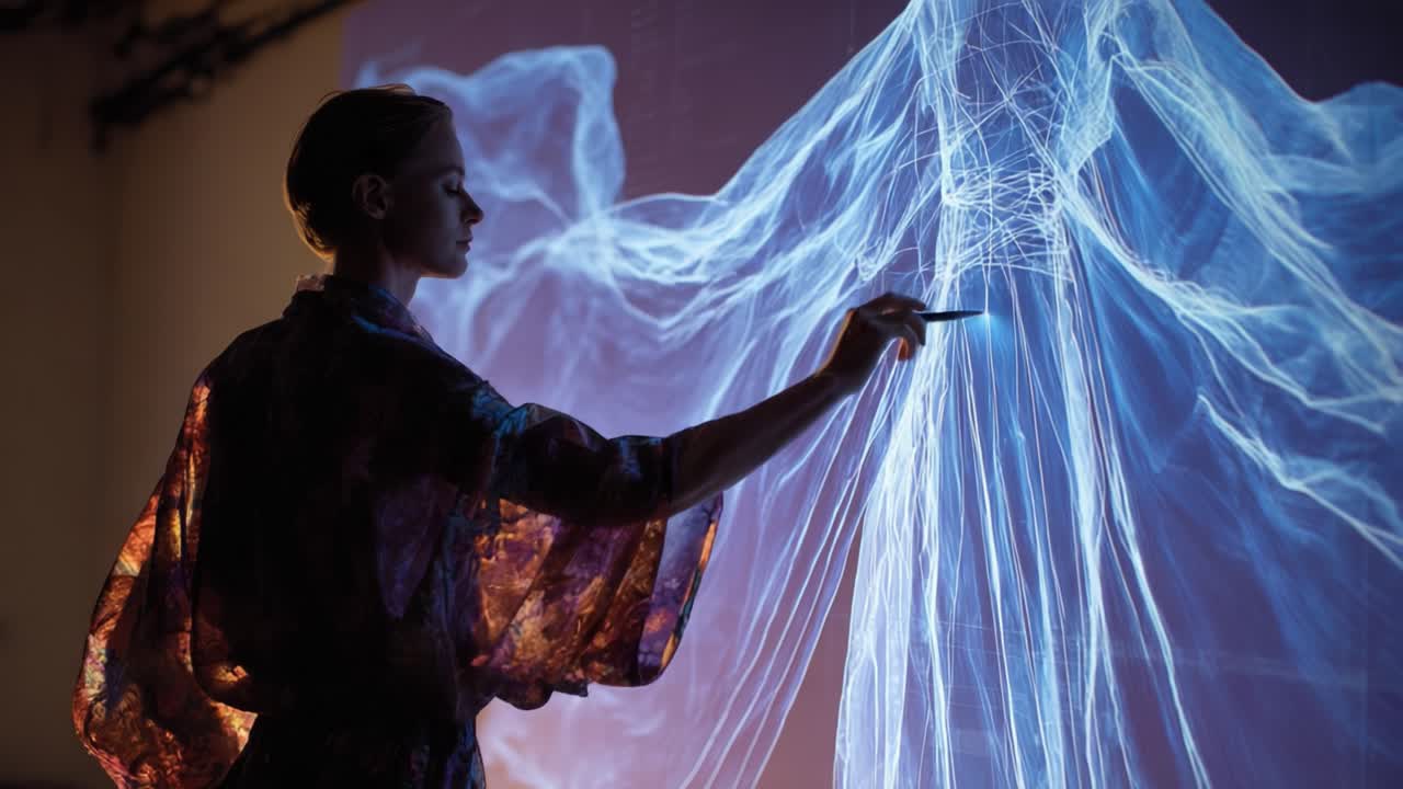 A creative artist interacts with a vibrant digital projection, blending traditional techniques with modern technology to produce a mesmerizing visual experience that captivates the audience's imagination