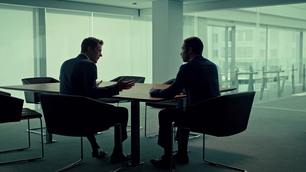 Two suited businessmen sit facing each other in profile across a rectangular conference table inside a modern glass-walled meeting room. Sheer blinds diffuse