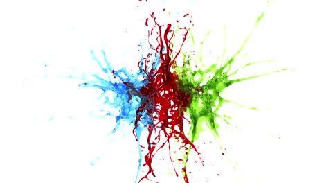 explosion of three drops of blue, red and green liquid. slow motion. alpha