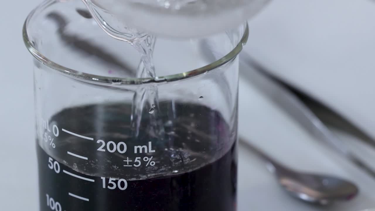 Observe the step-by-step color changes in a beaker during a chemical reaction.