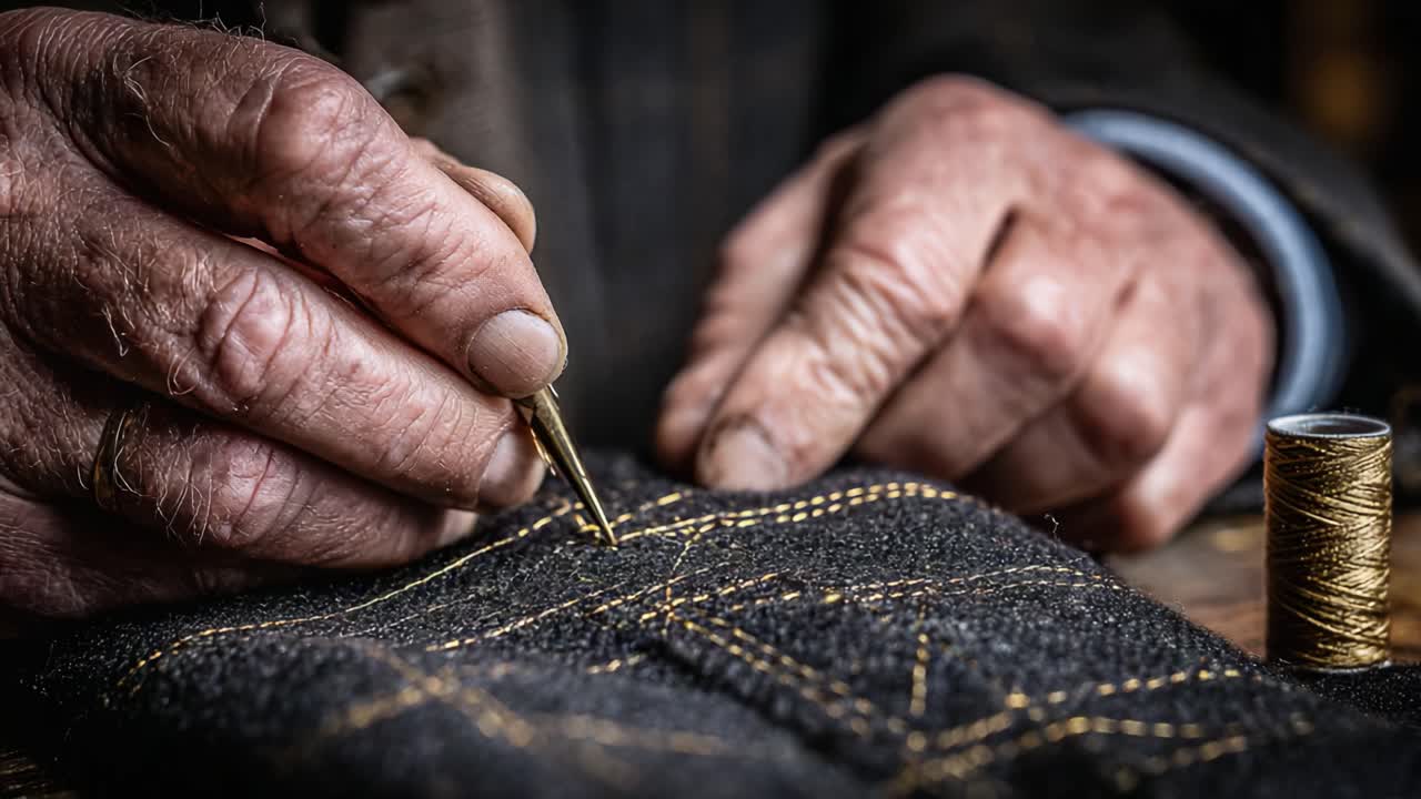 Maestria artigianale: Un anziano artigiano cuce delicatamente fili d'oro su un tessuto testurizzato, mettendo in mostra abilità sartoriali senza tempo e attenzione ai dettagli.
