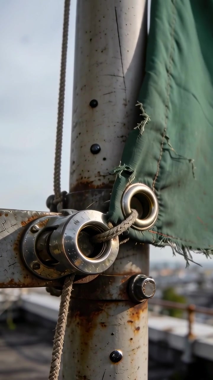 Vertikal video: Bevægende kamera afslører mast med flosset grøn presenning på taget, der viser flettet reb