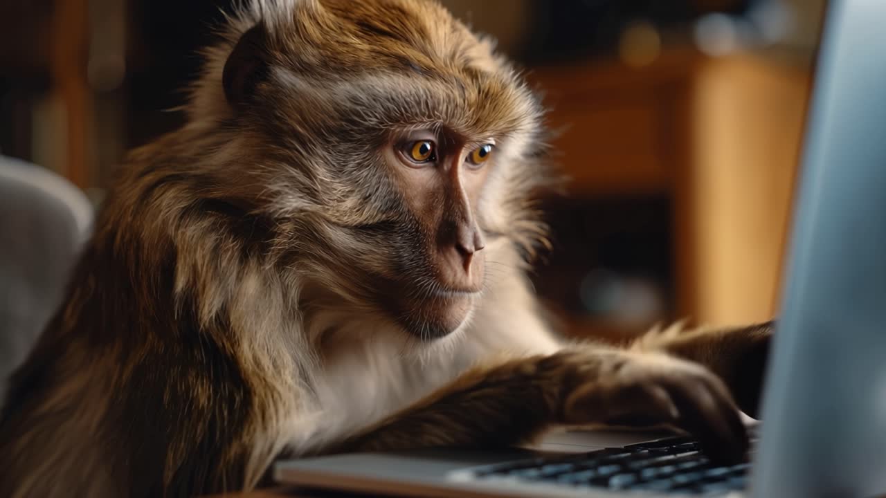 Scimmia pelosa digita su un laptop. Sguardo concentrato. Mano appoggiata sulla testa. Umorismo da ufficio. Scimmia sulla tastiera. Ufficio tipico. Nessun essere umano mostrato