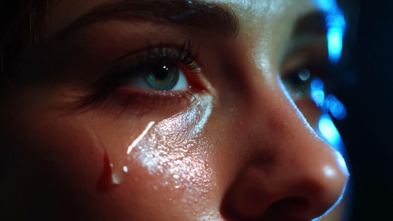A Close-Up Exploration of Emotion: Capturing the Intensity of Human Experience Through a Dramatic Tear Falling from the Eye, Highlighting Vulnerability and the Depth of Feelings in a Striking Visual Composition