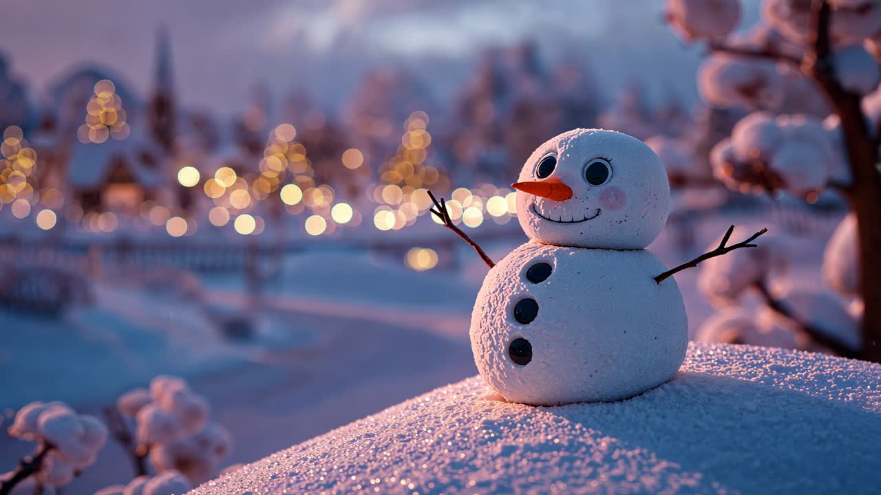 Swirling snowflakes around twig-armed snowman on hill, carrot nose coal buttons lights sparkling