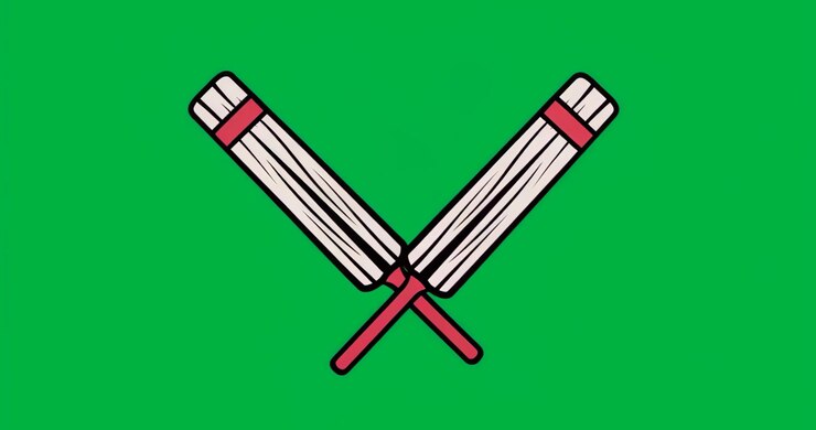 At start crossed pencils pivoting outward showing writing direction on transparent background