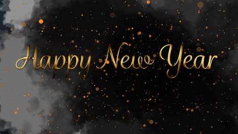 animation of happy new year text over spots and clouds in sky