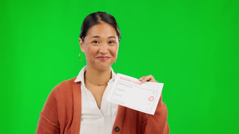 Report-card,-woman-face-and-green-screen