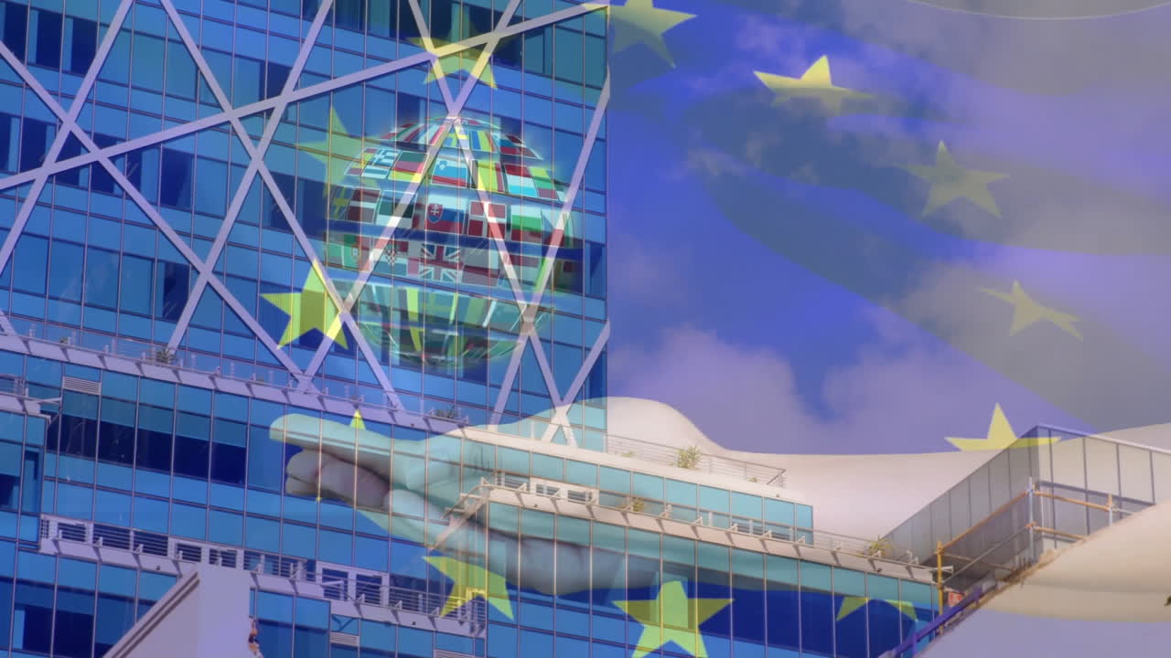 Global connectivity being shown in montage, featuring glass facade, EU stars, flag globe, hand