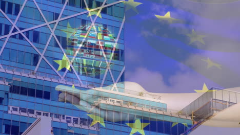 global connectivity being shown in montage, featuring glass facade, eu stars, flag globe, hand