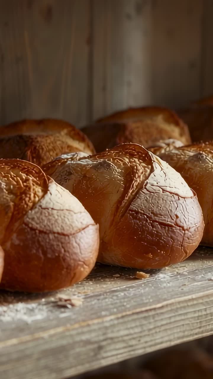 Vertical video: Camera panning across bread loaves on bakery shelf to reveal flour-dusted crust