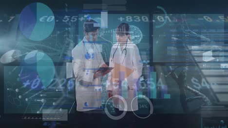 animación de la interfaz digital con las estructuras médicas, gráficos sobre los médicos que discuten en el hospital