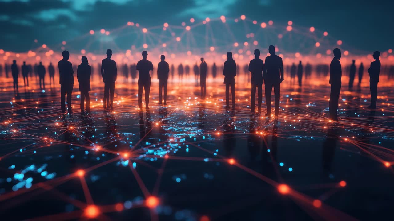Silhouetted figures stand on a glowing network grid, viewed from a low angle