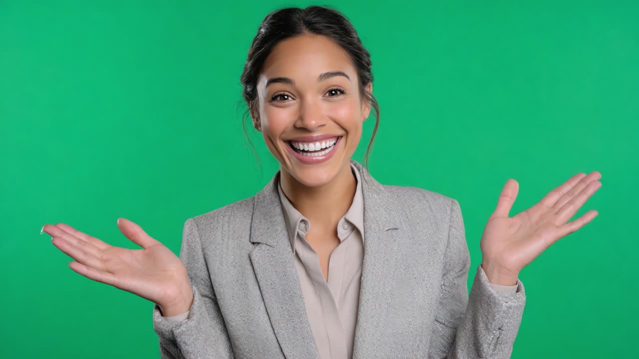 A joyful woman with a bright smile, dressed in a professional blazer, raises her hands in excitement against a vibrant green background, exuding positivity and confidence