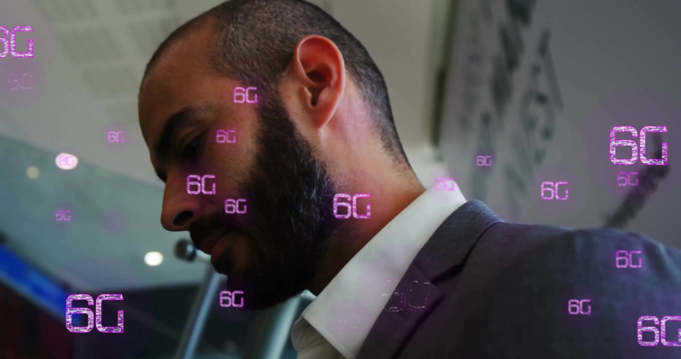 Businessman Working in Office with 6G Digital Overlay