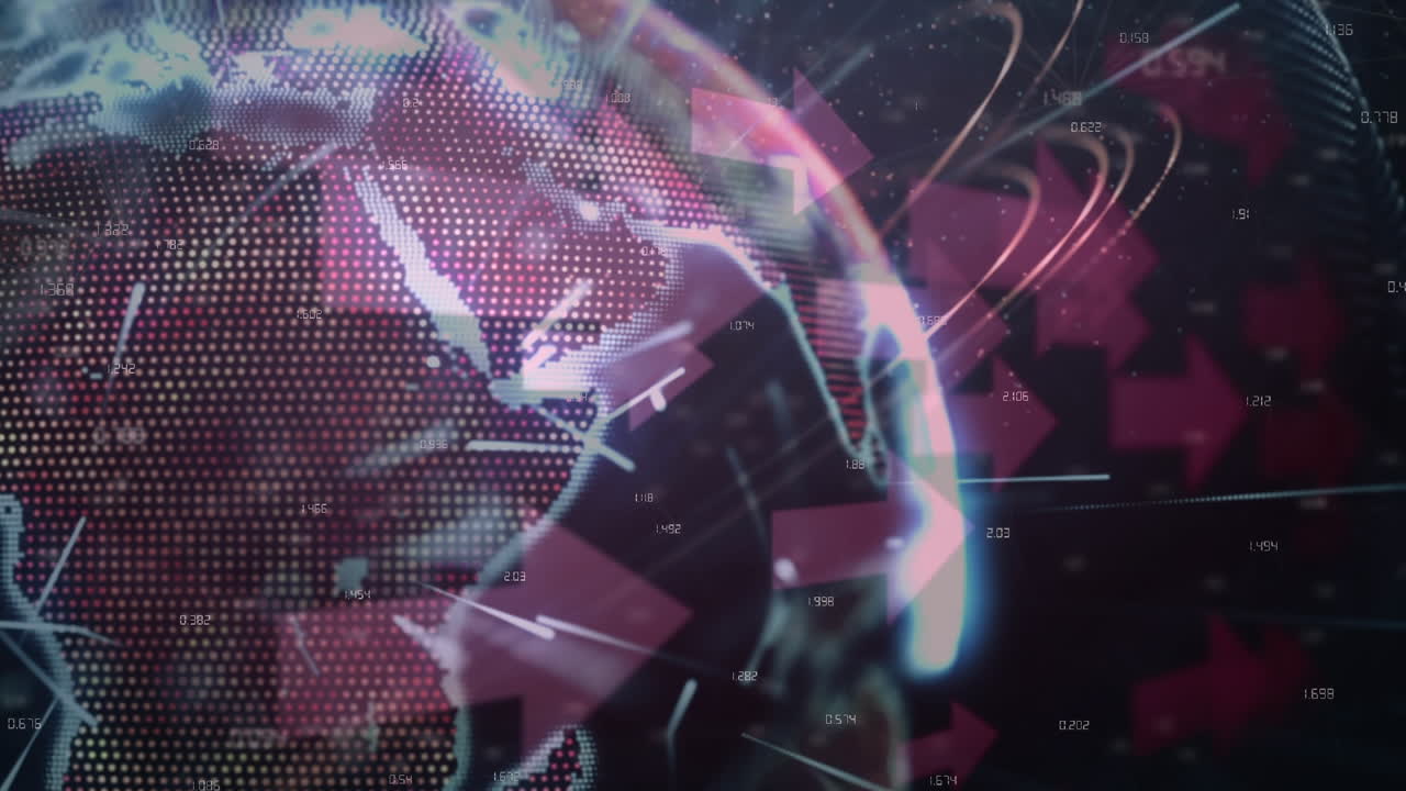 Animation of arrows, lights and globe rotating in pink and black space