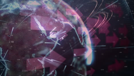 animación de flechas, luces y globo girando en espacio rosa y negro
