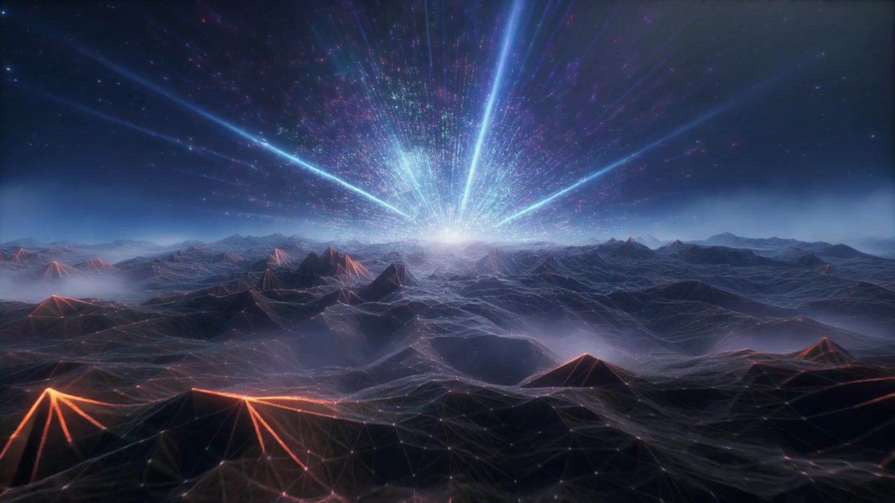 Abstract Digital Landscape with Glowing Light Burst and Wireframe Terrain