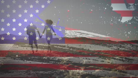 American-flag-with-glitch-effect-against-couple-holding-hands-running-together-on-the-beach