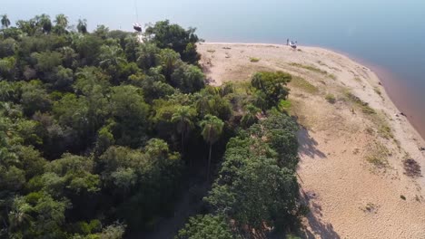 Palm-tree-forest-on-a-small-island,-aerial-view-with-rotating-motion