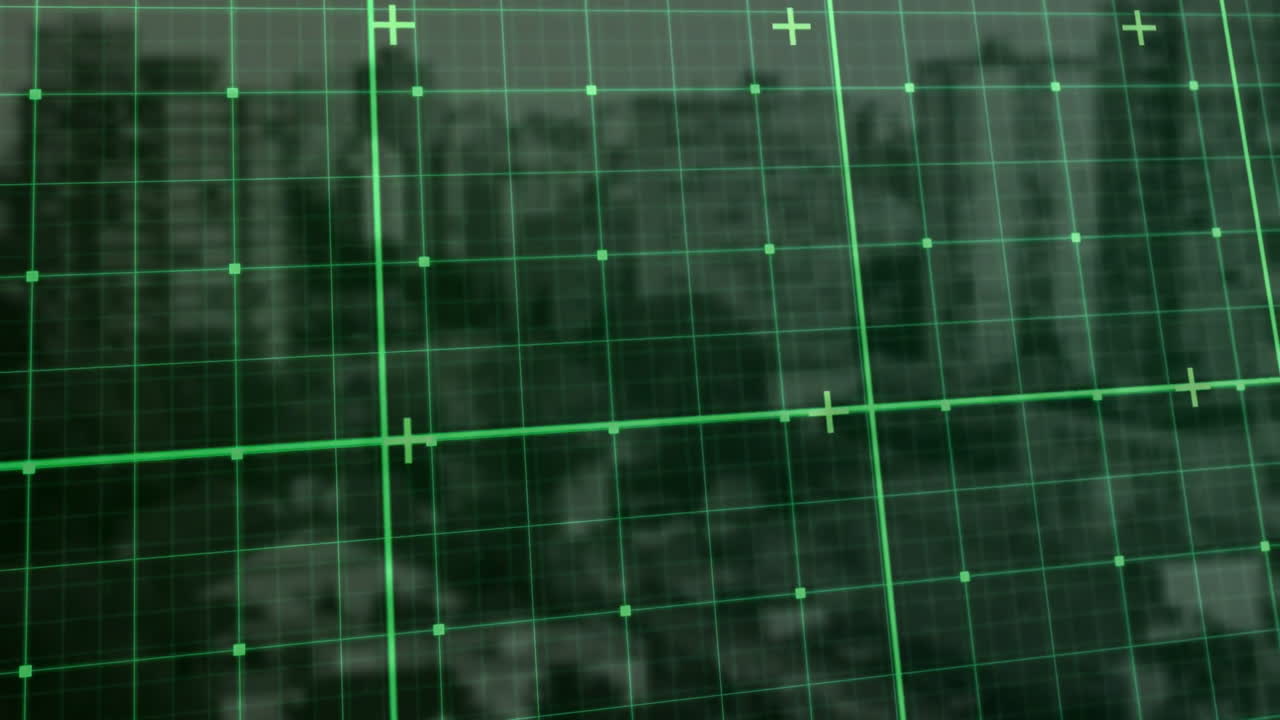 Animation of green grid overlay with crosshairs on urban landscape in school