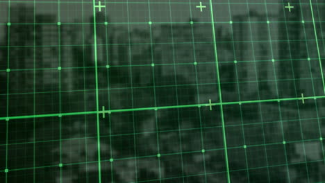 animation of green grid overlay with crosshairs on urban landscape in school