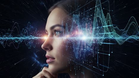 a captivating exploration of sound waves and human perception: merging visuals of a thoughtful woman with dynamic audio waveforms in an abstract universe