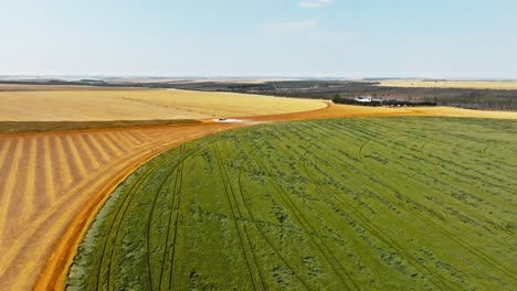 aerial dolly out shot green and yellow farm land in countryside on brazil