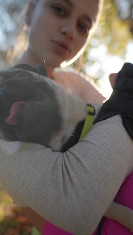 young woman holding a pug in a park