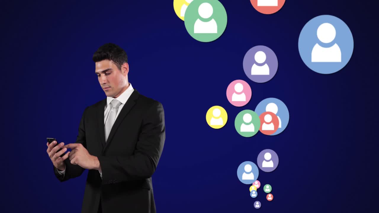 Young Caucasian man using phone with profile icons spawning