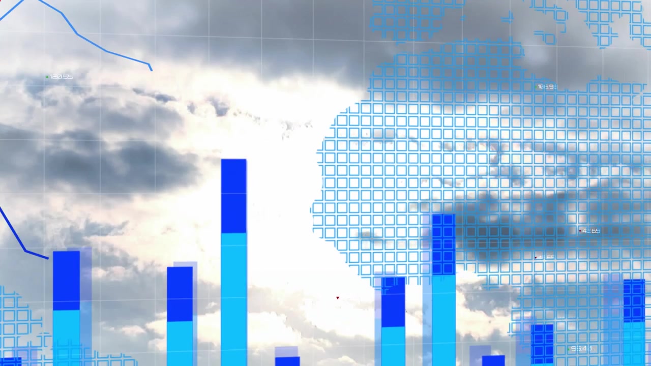 Animação de estatísticas, mapa-múndi e processamento de dados sobre nuvens.