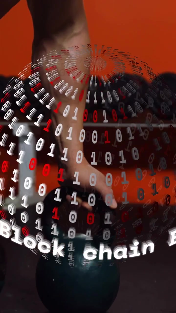 Vertical video: Male reaching, gripping kettlebell in gym, binary sphere over torso for fitness