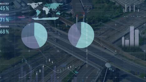 animación del procesamiento de datos estadísticos a través de la red de red frente a una vista aérea del tráfico urbano