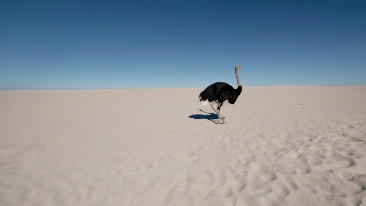 An Ostrich in the Desert Kicking Up Sand