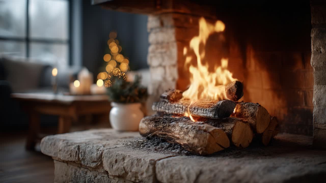 Cozy Living Room Scene Featuring a Warm Fireplace with Burning Logs, Perfect for Creating a Comfortable Atmosphere During the Winter Season