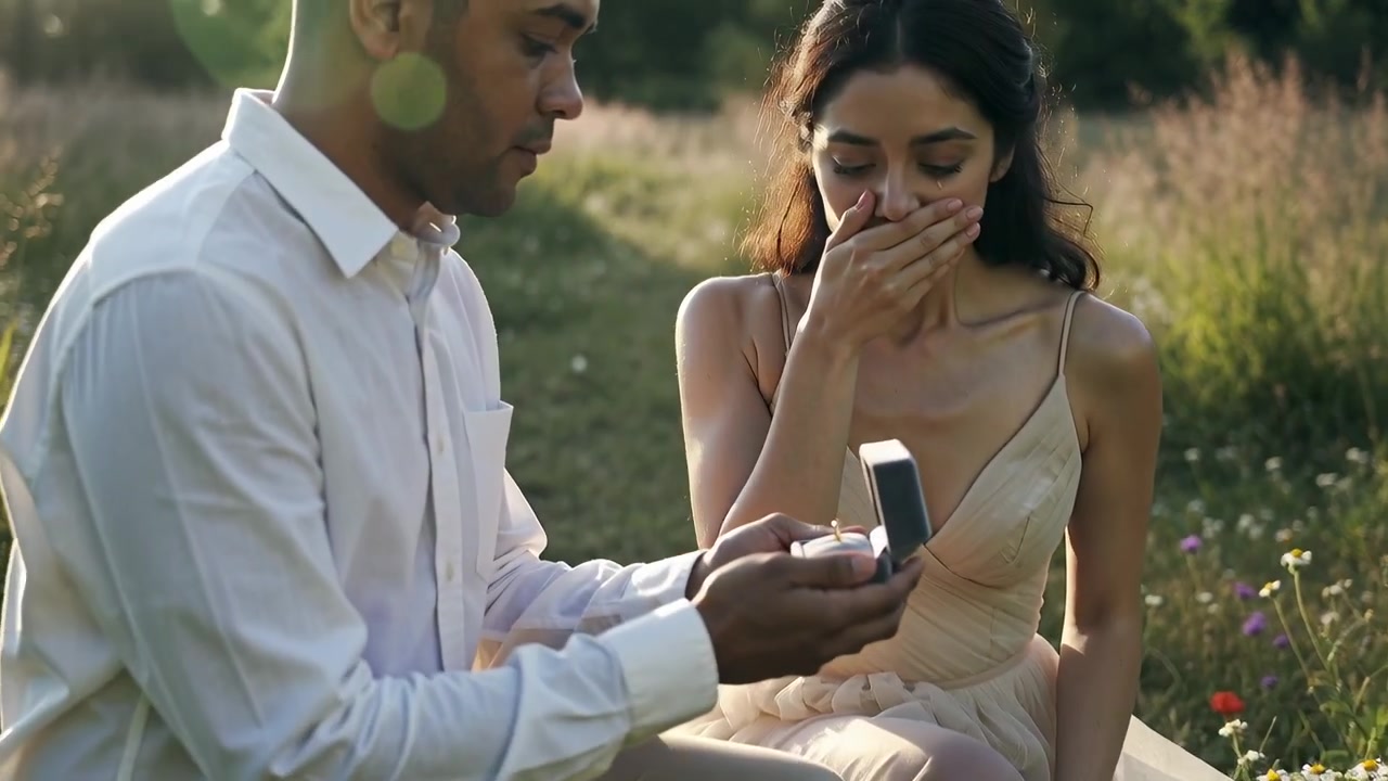 Walking couple in meadow man slowing, kneeling, proposing marriage with open ring box