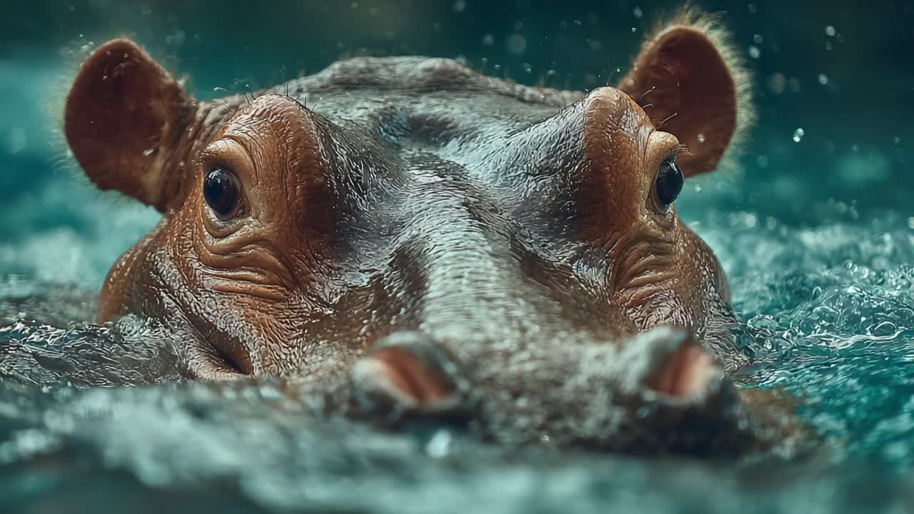 A Close-Up Encounter: The Majestic Hippo Emerges from the Water, Showcasing Its Intricate Features and Expressive Eyes in a Stunning Aquatic Setting