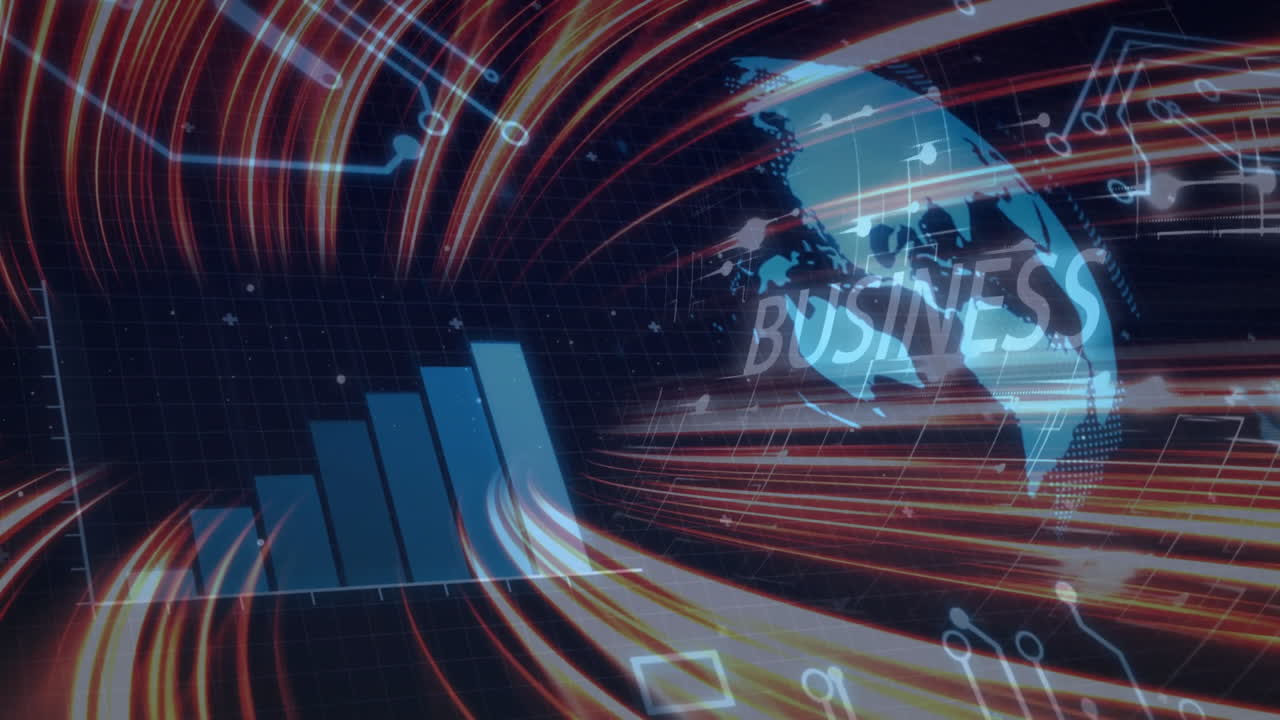 Animation of global network connections and digital business growth chart