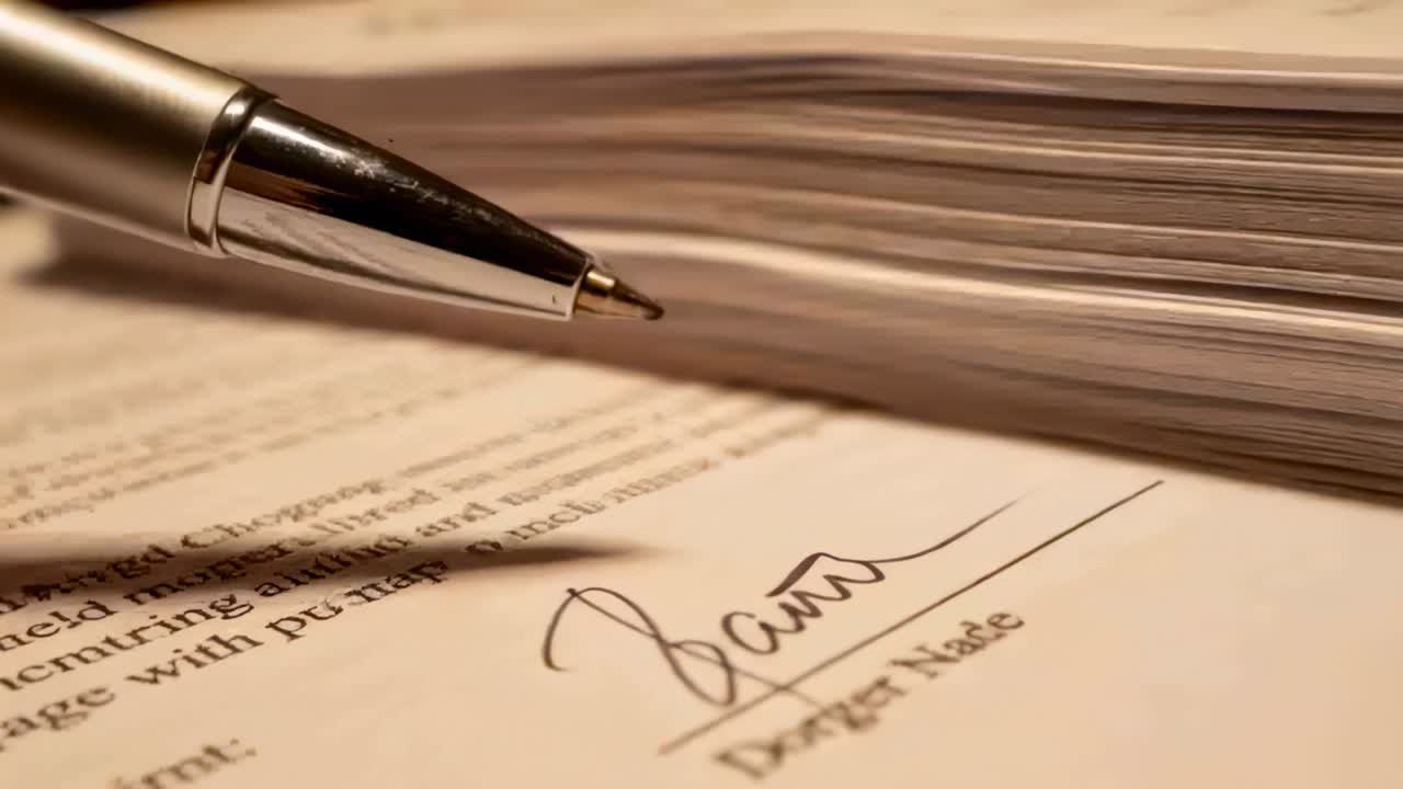 Touching paper silver pen finishing signature on contract, signing printed name, with paper stack