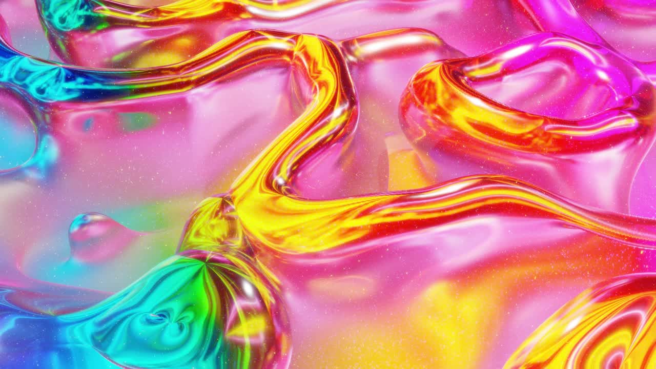 Looped abstract background. Beautiful iridescent wavy surface of liquid with pattern, gradient color and flow waves on it. Rainbow glossy and matt fluid. Creative bright bg with soft smooth animation.