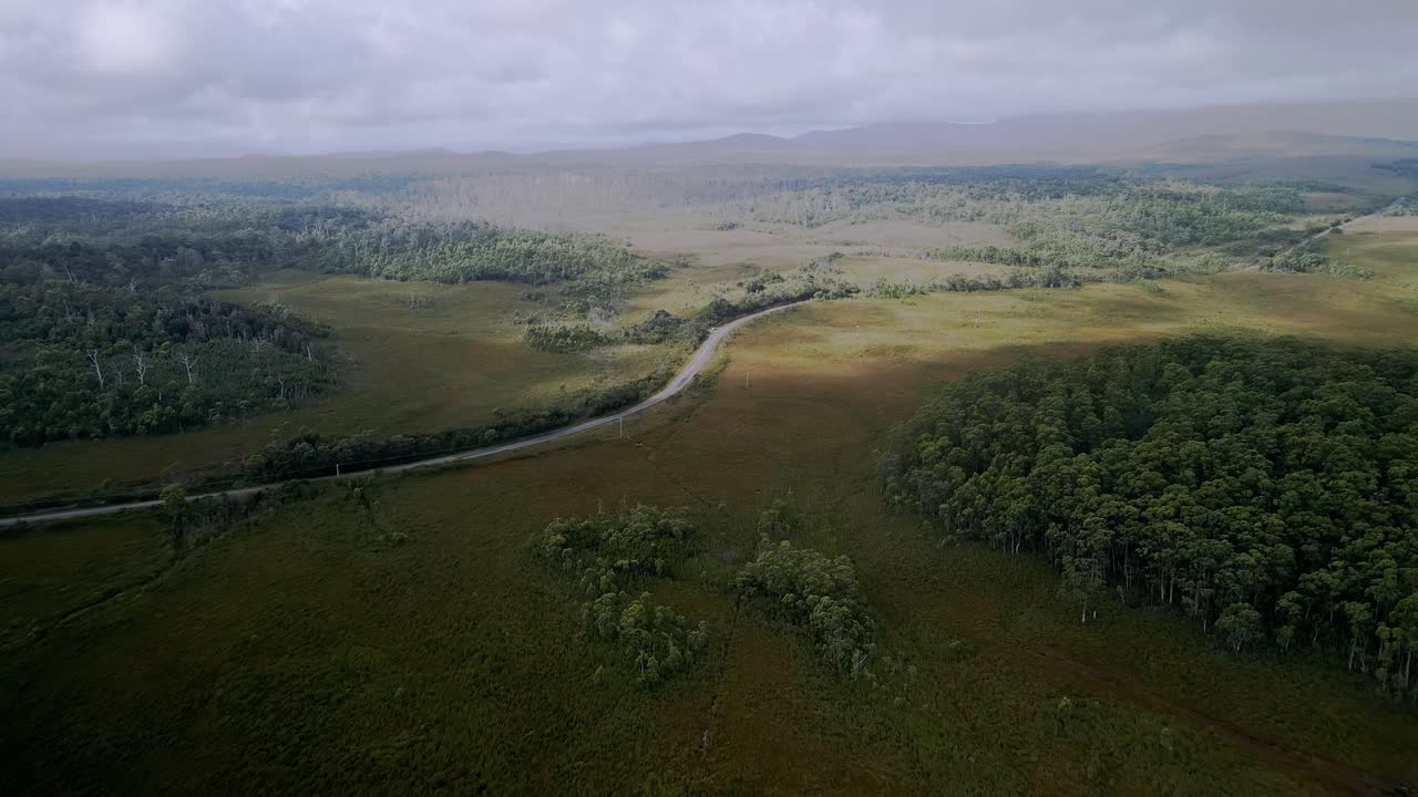 Strada regionale in una zona remota con campi erbosi e foreste vicino a Granville Harbour sulla costa occidentale della Tasmania, Australia