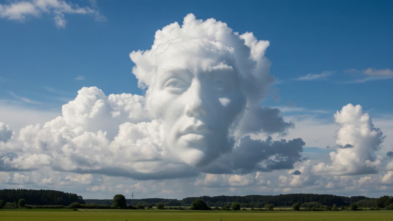 A Surreal Cloud Formation Resembling a Face, Captured in a Vast Open Field Under a Bright Blue Sky, Evoking Mystical and Dreamlike Imagery of Nature
