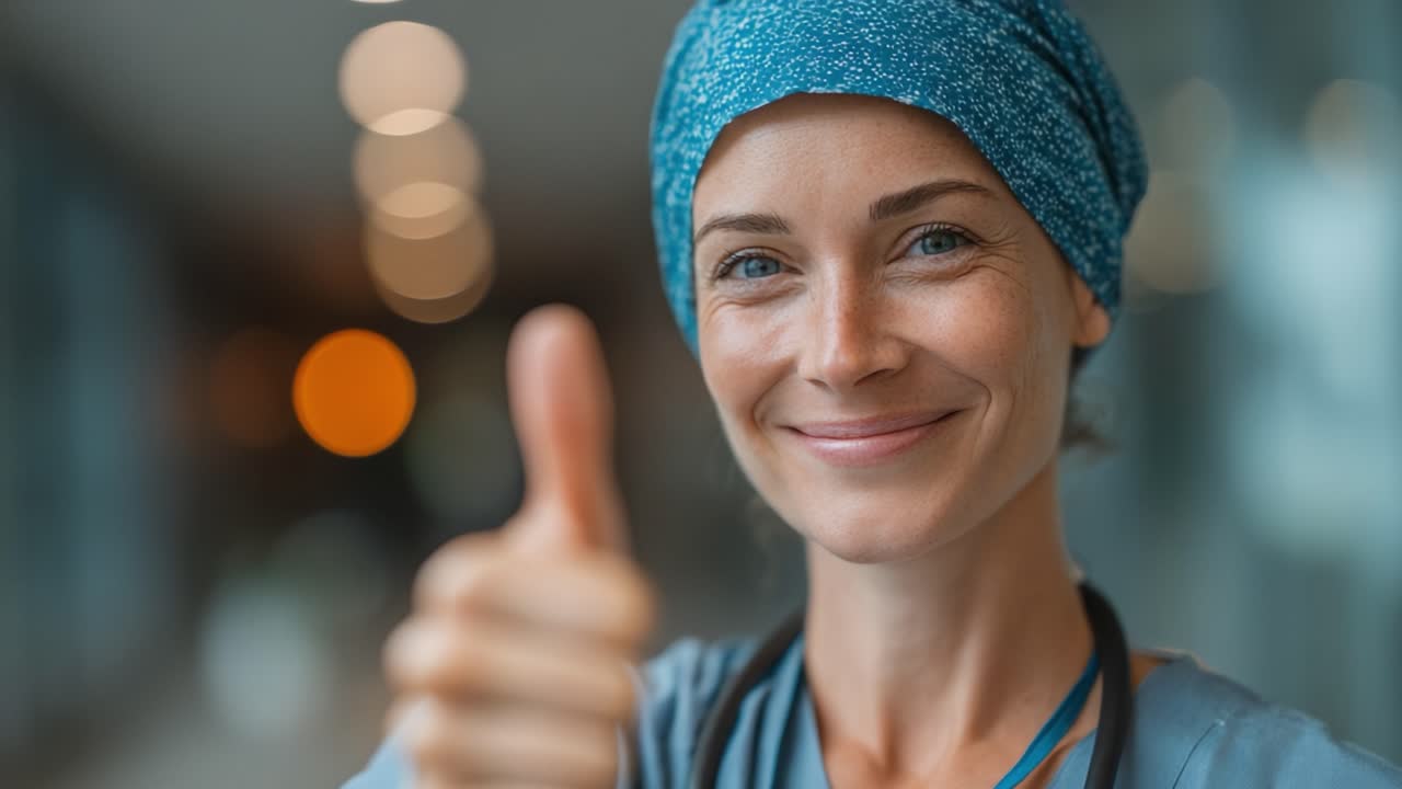 A Confident Woman in Medical Scrubs Gives a Thumbs Up with a Warm Smile, Radiating Positivity and Supportive Vibes in a Professional Healthcare Environment