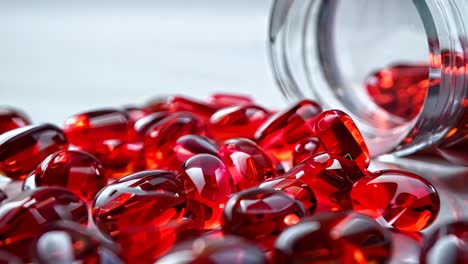 a bottle of red pills is on a white surface. the pills are scattered around the bottle, creating a sense of abundance and abundance