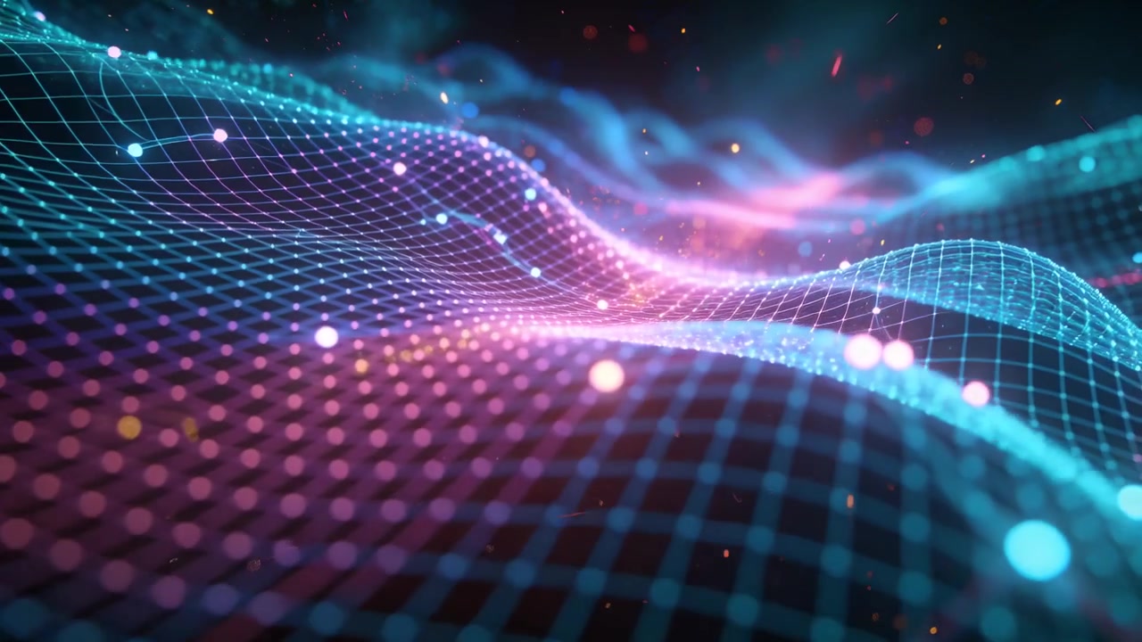 Emerging from left neon mesh rolling across void, pulsing nodes and drifting sparks showing data